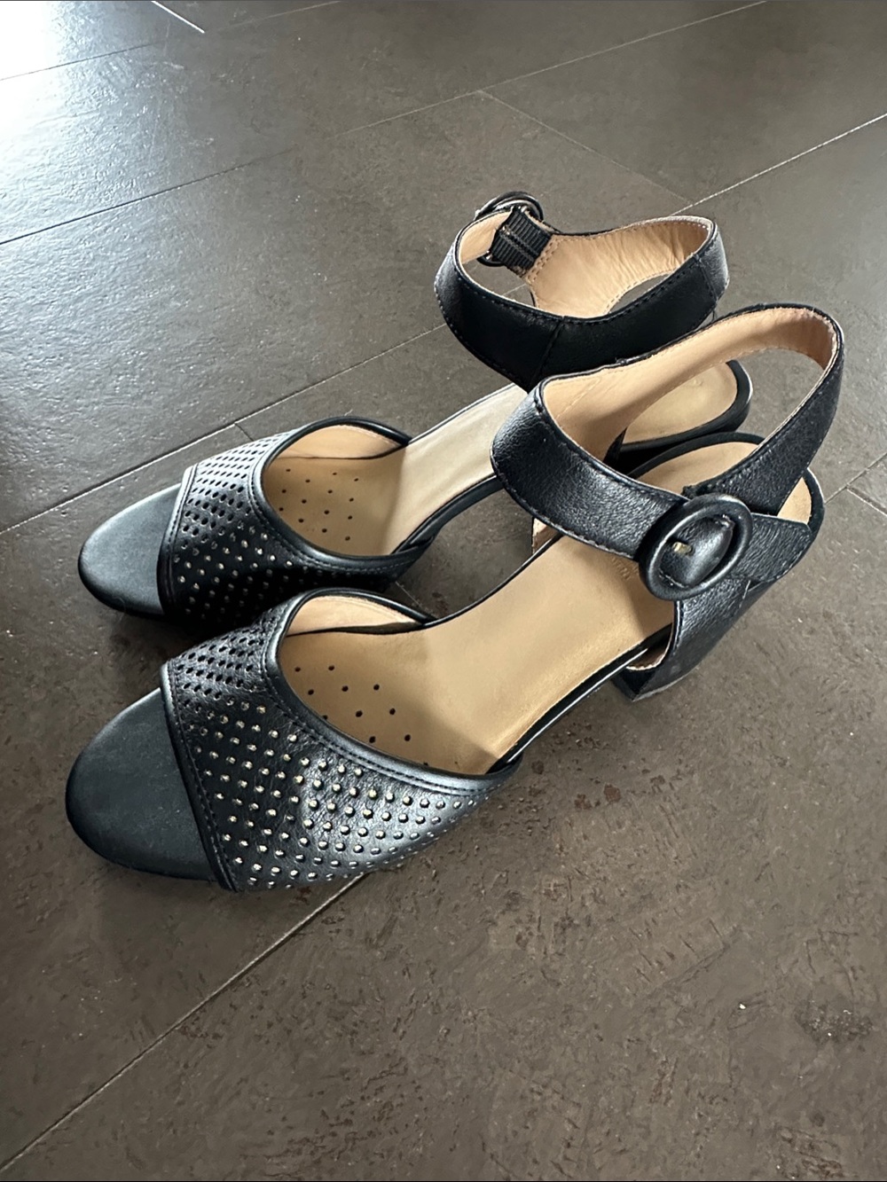 Geox Black Block Heel Sandals with Ankle Buckle size 7.5